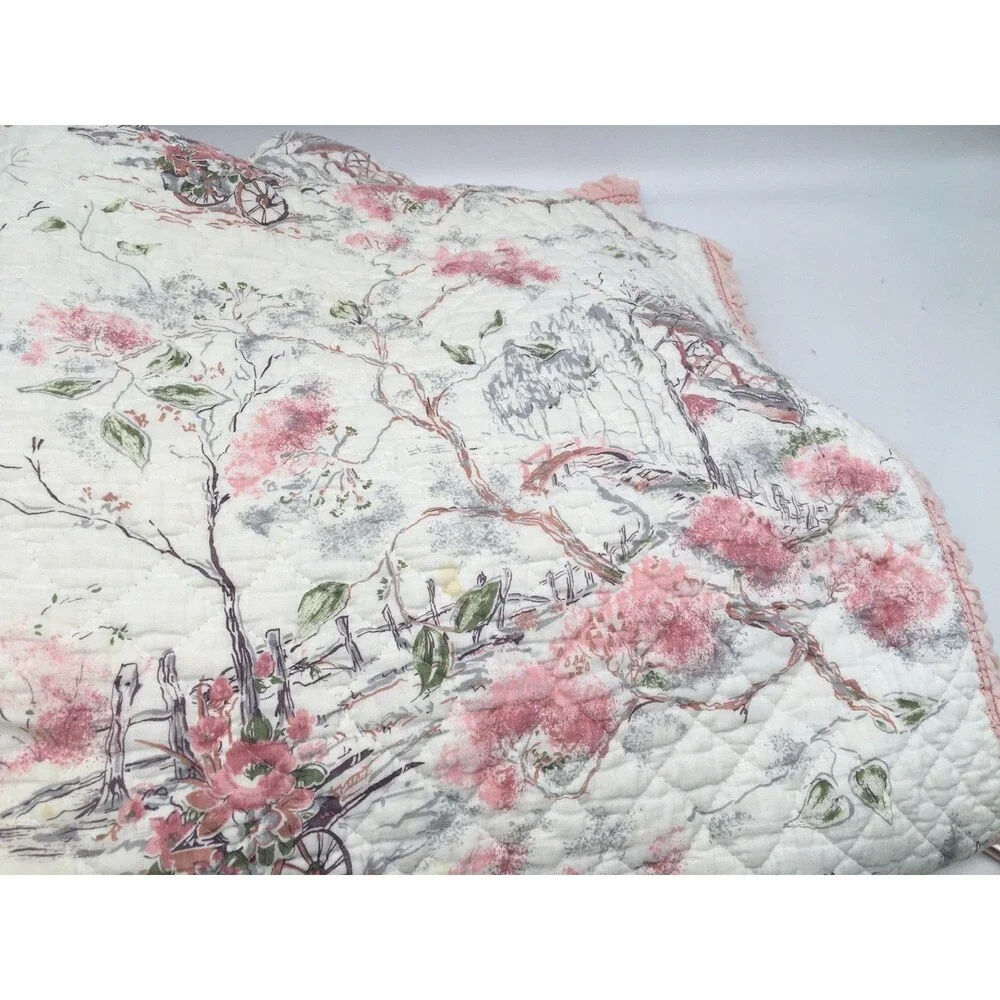 Vtg Pink White Floral Quilted Bedspread Coverlet Cottagecore 75x77” READ Distres